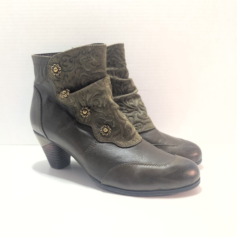 SpringStep L'artiste Belgard  Leather Velvet Olive Ankle Boots Women's 9/9.5